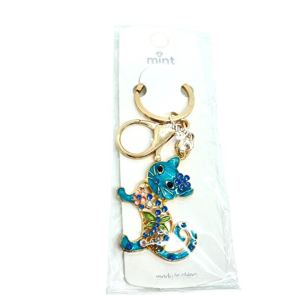 3/$30 CAT KEYCHAIN GOLD TONE BLUE ENAMEL RHINESTONE KITTY BAG CHARM NWT GIFT - Picture 8 of 10